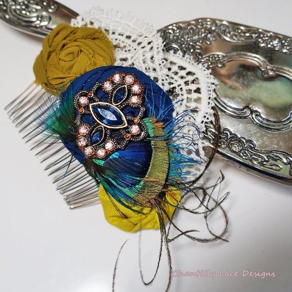 Peacock Vintage Inspired Green and Blue Lace Hair Small Flower Clip Fascinator - Picture 2 of 4
